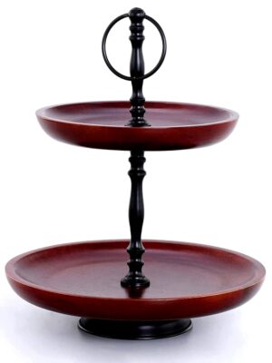2 Tier Cake or Cookie Stand Mahogany Wood & Black Finish Made of Wood & Metal