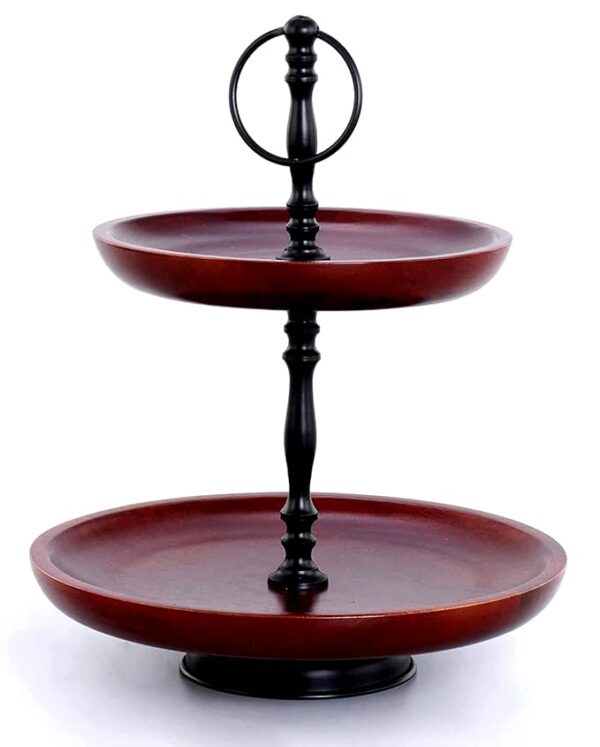 2 Tier Cake or Cookie Stand Mahogany Wood & Black Finish Made of Wood & Metal