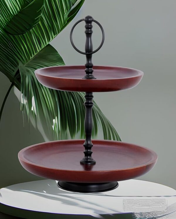 2 Tier Cake or Cookie Stand Mahogany Wood & Black Finish Made of Wood & Metal