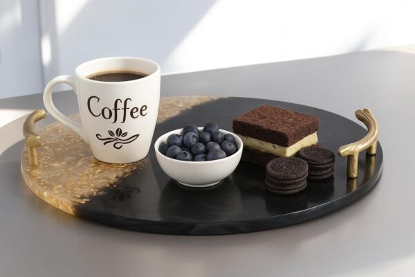 Luxury Black & Gold Resin Serving Tray – Elegant Decorative Tray with Designer Handles (14" Dia & 2.5" H)