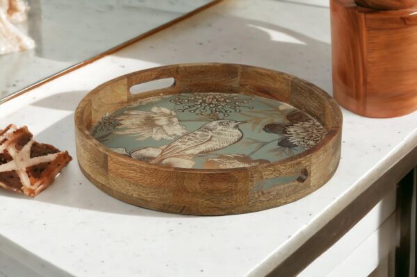 Mynah Enamel Table Decor Round Wooden Serving Tray | Decorative Breakfast Vanity