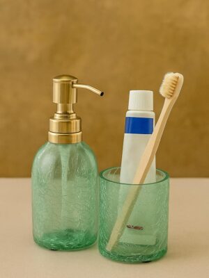 Crackled Glass Soap Dispenser and Tumbler Set