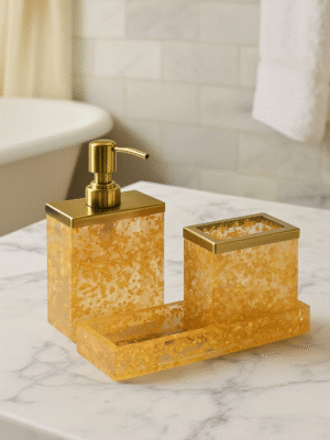 3 Piece Resin Gold Foil Bathroom Accessory Set with Dispenser, Tumbler & Tray | Size - (24 x 8 x 15)| Centimeters