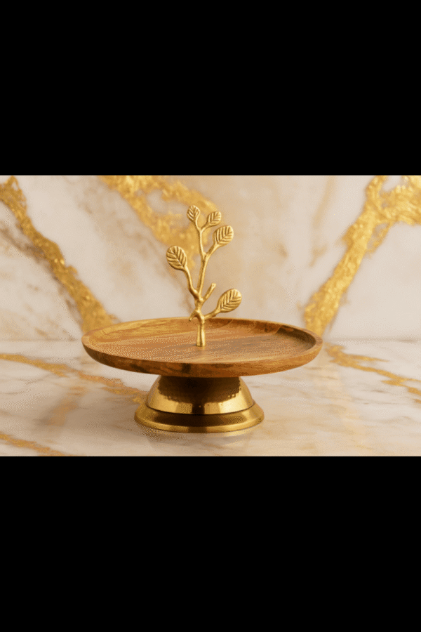 "Regal Branch Wooden & Brass Cake Stand – Luxe Tabletop Centerpiece"