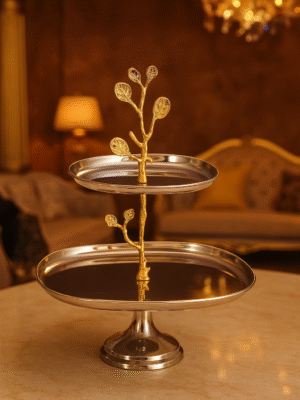 2-Tier Stainless Steel & Gold Leaf Dessert Stand