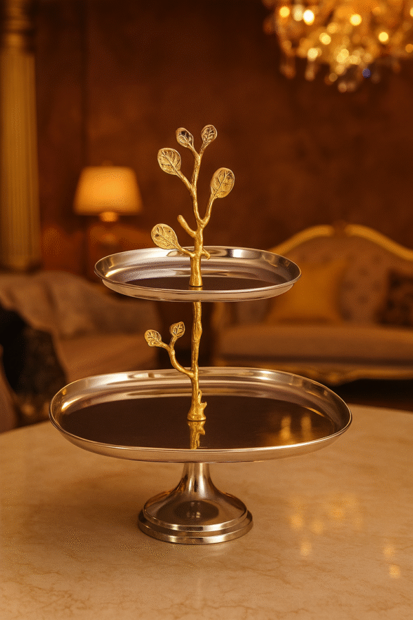 2-Tier Stainless Steel & Gold Leaf Dessert Stand
