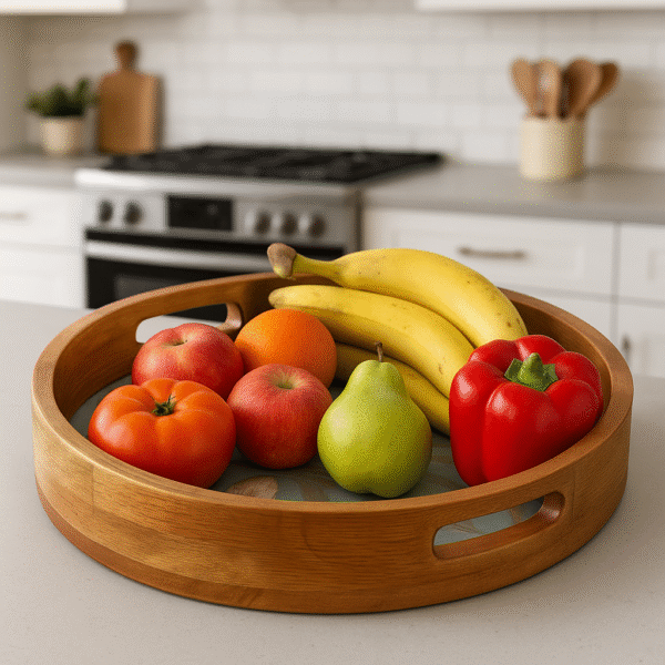 Mynah Enamel Table Decor Round Wooden Serving Tray | Decorative Breakfast Vanity