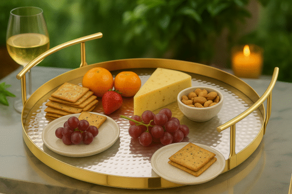 Export Quality Stainless Steel Serving Tray with Champagne Gold & Hammered Shiny Finish, Size(14L*14W*2.7H) Made in India