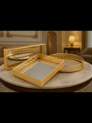 Decorative Mirror Tray for Serving (Rectangular, Square, Round), (Gold) Set of 3 Pcs