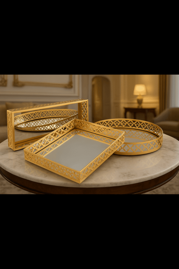 Decorative Mirror Tray for Serving (Rectangular, Square, Round), (Gold) Set of 3 Pcs