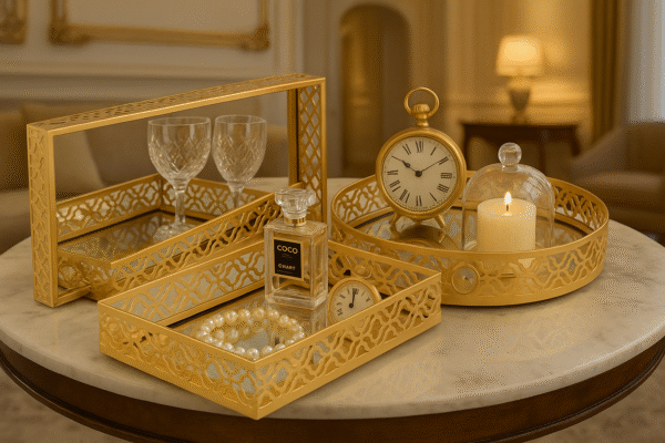 Decorative Mirror Tray for Serving (Rectangular, Square, Round), (Gold) Set of 3 Pcs
