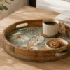 Mynah Enamel Table Decor Round Wooden Serving Tray | Decorative Breakfast Vanity