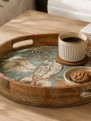 Mynah Enamel Table Decor Round Wooden Serving Tray | Decorative Breakfast Vanity