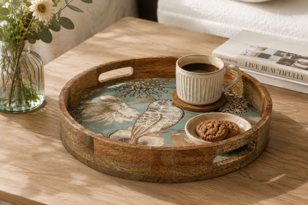 Mynah Enamel Table Decor Round Wooden Serving Tray | Decorative Breakfast Vanity