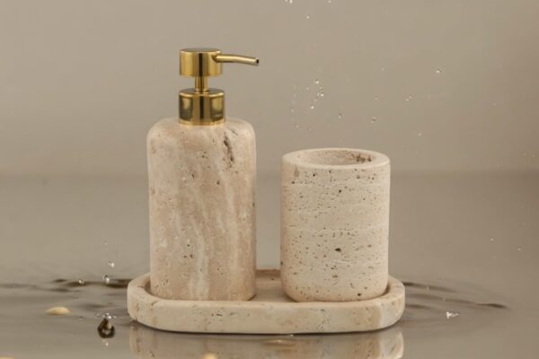 Travertine Marble 'Export Quality' 3 pcs Bath Accessories Set Counter top Soap or Lotion Dispenser W/Tray & Accessory Holder *Made in India*