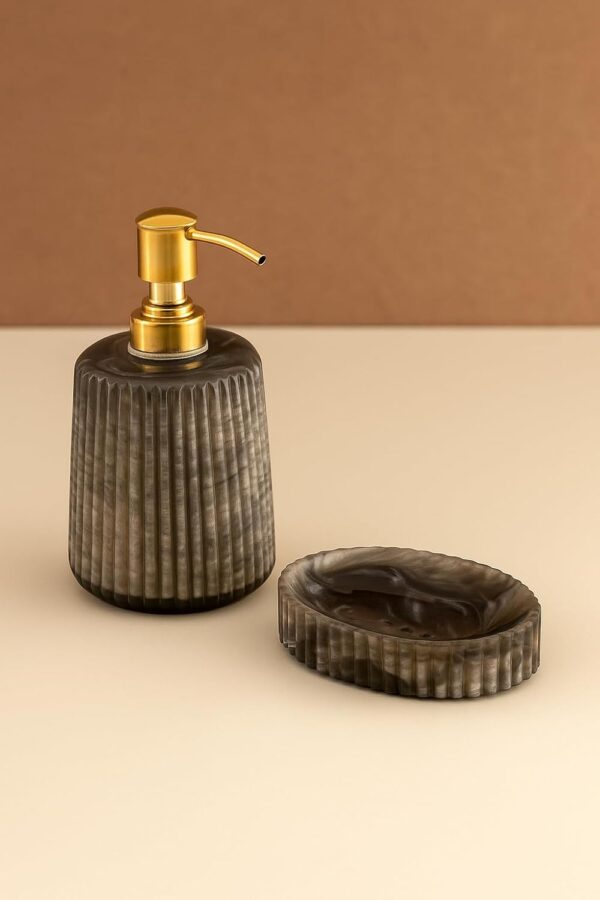 51cngY4n6nL._SL1500_ Modern Black Soap Dispenser and Soap Dish Set – Resin Bathroom Accessories Ideal for Bathroom & Wash Basin (9 x 3 x 7) Inch