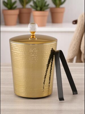 Luxurious Gold Hammered W/Crystal Knob Double Wall Ice Bucket with Crystal Handle and Tongs | Size- 7" x 7"