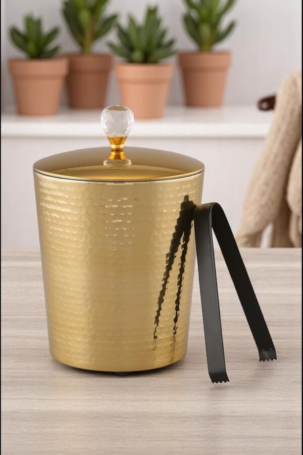 Luxurious Gold Hammered W/Crystal Knob Double Wall Ice Bucket with Crystal Handle and Tongs | Size- 7" x 7"