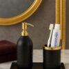 Regal Matte Black & Gold Dispenser Set W/Cut Glass Soap Dispenser,Toothbrush Holder & Metal Steel Tray (26L x 11W x 22H)