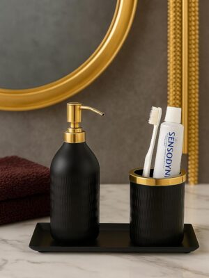 Regal Matte Black & Gold Dispenser Set W/Cut Glass Soap Dispenser,Toothbrush Holder & Metal Steel Tray (26L x 11W x 22H)