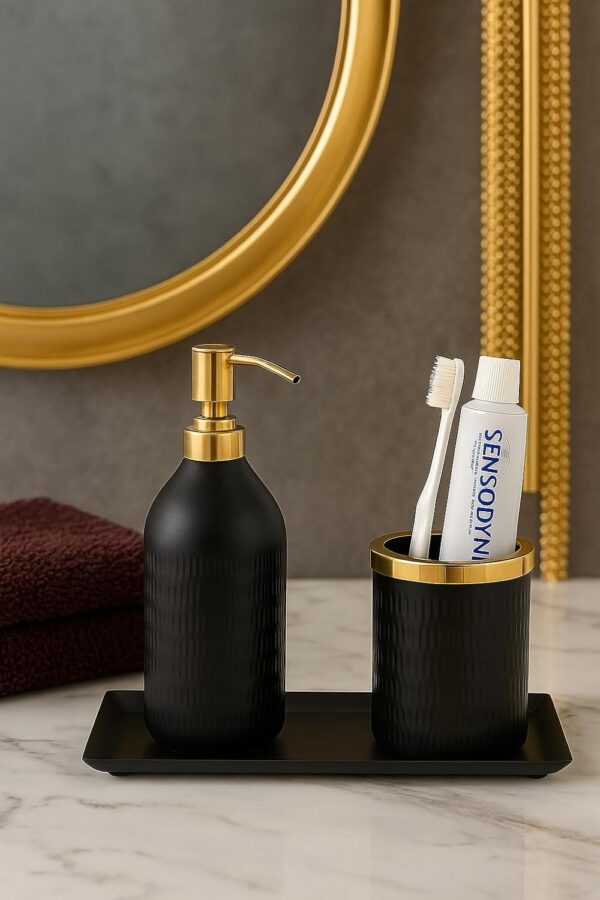 Regal Matte Black & Gold Dispenser Set W/Cut Glass Soap Dispenser,Toothbrush Holder & Metal Steel Tray (26L x 11W x 22H)