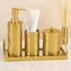 Gold Finish Bathroom Decor Soap/Sanitizer Dispenser with Q-tip Jar & Accessories Holder with Mirror Tray | Bathroom Set | Set of 4 Pcs