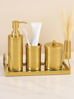 Gold Finish Bathroom Decor Soap/Sanitizer Dispenser with Q-tip Jar & Accessories Holder with Mirror Tray | Bathroom Set | Set of 4 Pcs