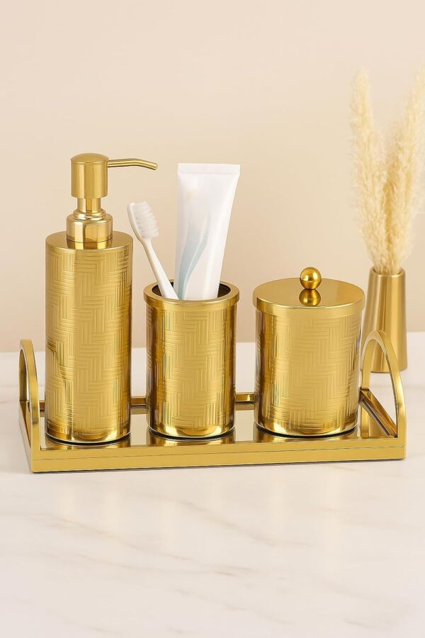 Gold Finish Bathroom Decor Soap/Sanitizer Dispenser with Q-tip Jar & Accessories Holder with Mirror Tray | Bathroom Set | Set of 4 Pcs