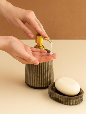 Modern Black Soap Dispenser and Soap Dish Set – Resin Bathroom Accessories Ideal for Bathroom & Wash Basin (9 x 3 x 7) Inch