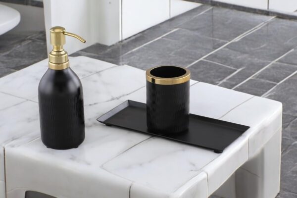 Regal Matte Black & Gold Dispenser Set W/Cut Glass Soap Dispenser,Toothbrush Holder & Metal Steel Tray (26L x 11W x 22H)