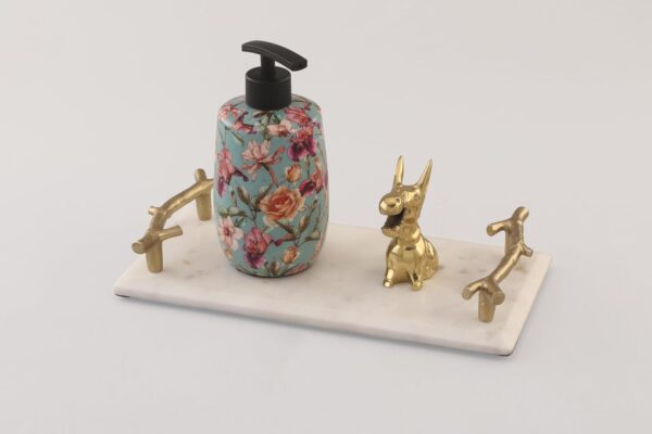 White Natural Marble Serving Tray W/Gold Handles for Vanity Kitchen Bathroom Counter, Coffee Table Tray Stone Organization (12" x 6" x 2'')