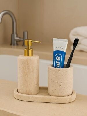Travertine Marble 'Export Quality' 3 pcs Bath Accessories Set Counter top Soap or Lotion Dispenser W/Tray & Accessory Holder *Made in India*