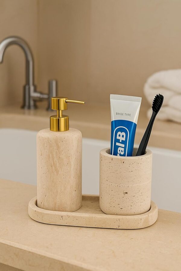 Travertine Marble 'Export Quality' 3 pcs Bath Accessories Set Counter top Soap or Lotion Dispenser W/Tray & Accessory Holder *Made in India*