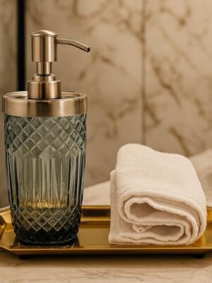 Bathroom Soap Dispenser with Tray – Textured Glass & Metal Pump Set Perfect for Housewarming Gifts,Festive Gifting | Size - (23L x 14W x 20H Centimeters)