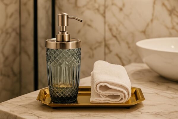 Bathroom Soap Dispenser with Tray – Textured Glass & Metal Pump Set Perfect for Housewarming Gifts,Festive Gifting | Size - (23L x 14W x 20H Centimeters)