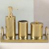 Gold Finish Bathroom Decor Soap/Sanitizer Dispenser with Q-tip Jar & Accessories Holder with Mirror Tray | Bathroom Set | Set of 4 Pcs