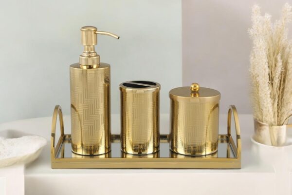 Gold Finish Bathroom Decor Soap/Sanitizer Dispenser with Q-tip Jar & Accessories Holder with Mirror Tray | Bathroom Set | Set of 4 Pcs