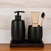 Matte Black Bathroom Accessory Set 'Soap, Lotion or Sanitizer Dispenser W/Tray' 425ml & Accessory Holder, Refillable Pump, Stainless Steel & Wooden Tray'