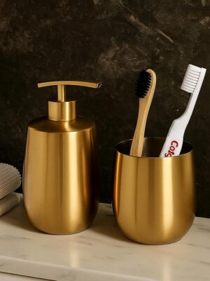Brushed Gold Bathroom Accessory Set 'Soap, Lotion or Sanitizer Dispenser' 425ml & Accessory Holder, Refillable Pump, Stainless Steel 'Made in India'