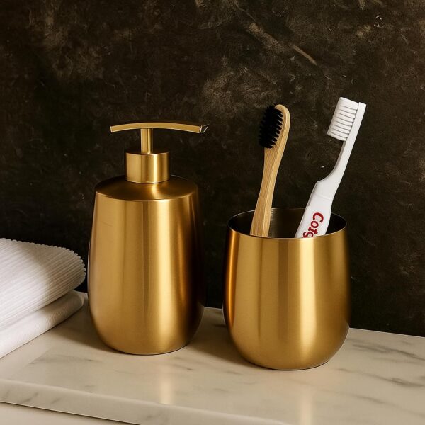 61aksXTjC9L._SL1024_ (1) Brushed Gold Bathroom Accessory Set 'Soap, Lotion or Sanitizer Dispenser' 425ml & Accessory Holder, Refillable Pump, Stainless Steel 'Made in India'