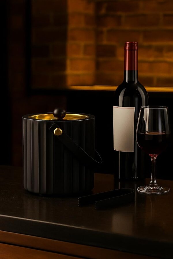 Stainless Steel Double Wall Matte Black Ice Bucket with LId and Tong Size (6"x6") Inch