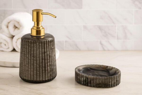 61j+upAD9SL._SL1500_ Modern Black Soap Dispenser and Soap Dish Set – Resin Bathroom Accessories Ideal for Bathroom & Wash Basin (9 x 3 x 7) Inch