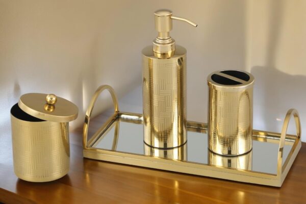 Gold Finish Bathroom Decor Soap/Sanitizer Dispenser with Q-tip Jar & Accessories Holder with Mirror Tray | Bathroom Set | Set of 4 Pcs