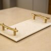 White Natural Marble Serving Tray W/Gold Handles for Vanity Kitchen Bathroom Counter, Coffee Table Tray Stone Organization (12" x 6" x 2'')