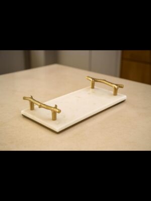 White Natural Marble Serving Tray W/Gold Handles for Vanity Kitchen Bathroom Counter, Coffee Table Tray Stone Organization (12" x 6" x 2'')