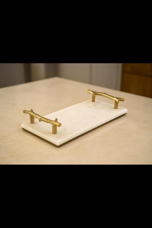 White Natural Marble Serving Tray W/Gold Handles for Vanity Kitchen Bathroom Counter, Coffee Table Tray Stone Organization (12" x 6" x 2'')