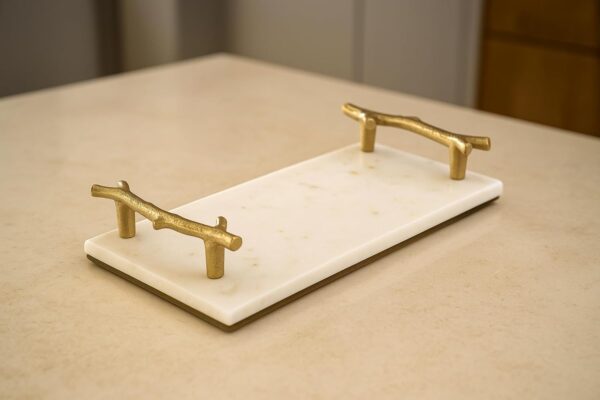 White Natural Marble Serving Tray W/Gold Handles for Vanity Kitchen Bathroom Counter, Coffee Table Tray Stone Organization (12" x 6" x 2'')