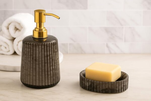 61p2oPVfRHL._SL1500_ Modern Black Soap Dispenser and Soap Dish Set – Resin Bathroom Accessories Ideal for Bathroom & Wash Basin (9 x 3 x 7) Inch