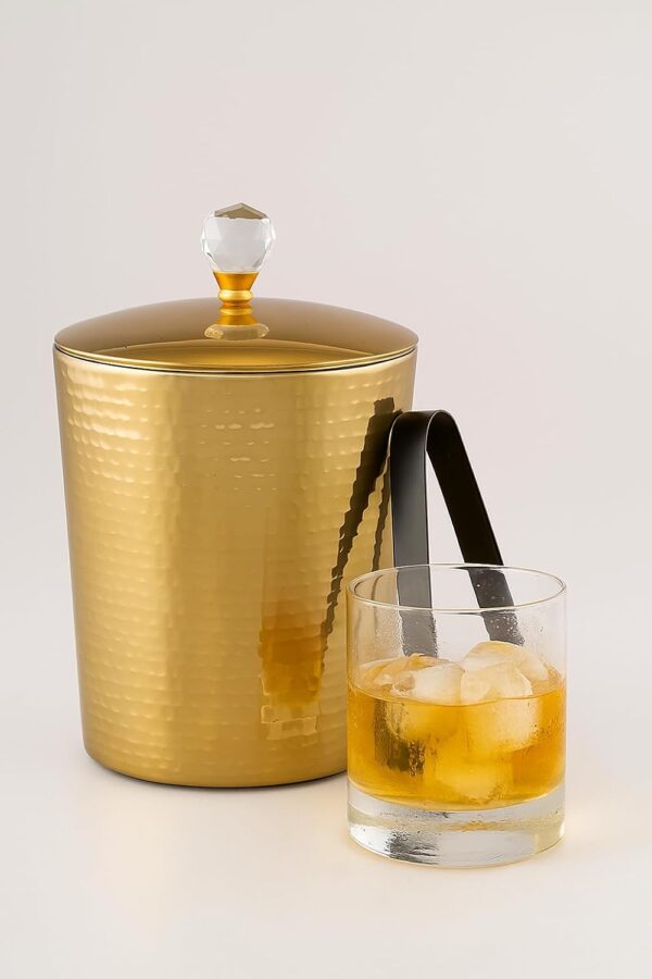 Luxurious Gold Hammered W/Crystal Knob Double Wall Ice Bucket with Crystal Handle and Tongs | Size- 7" x 7"