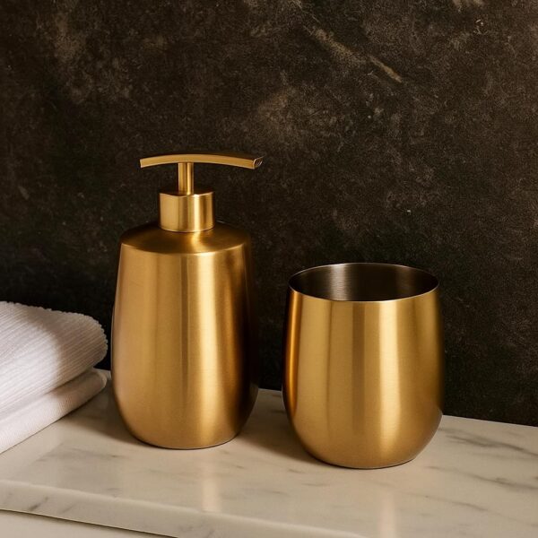 61xfJr4muQL._SL1024_ (1) Brushed Gold Bathroom Accessory Set 'Soap, Lotion or Sanitizer Dispenser' 425ml & Accessory Holder, Refillable Pump, Stainless Steel 'Made in India'